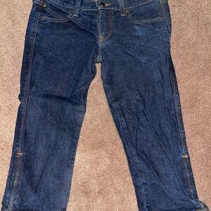 Womens Classic Blue Denim ultra low waist Capri Jean shorts Sz 2